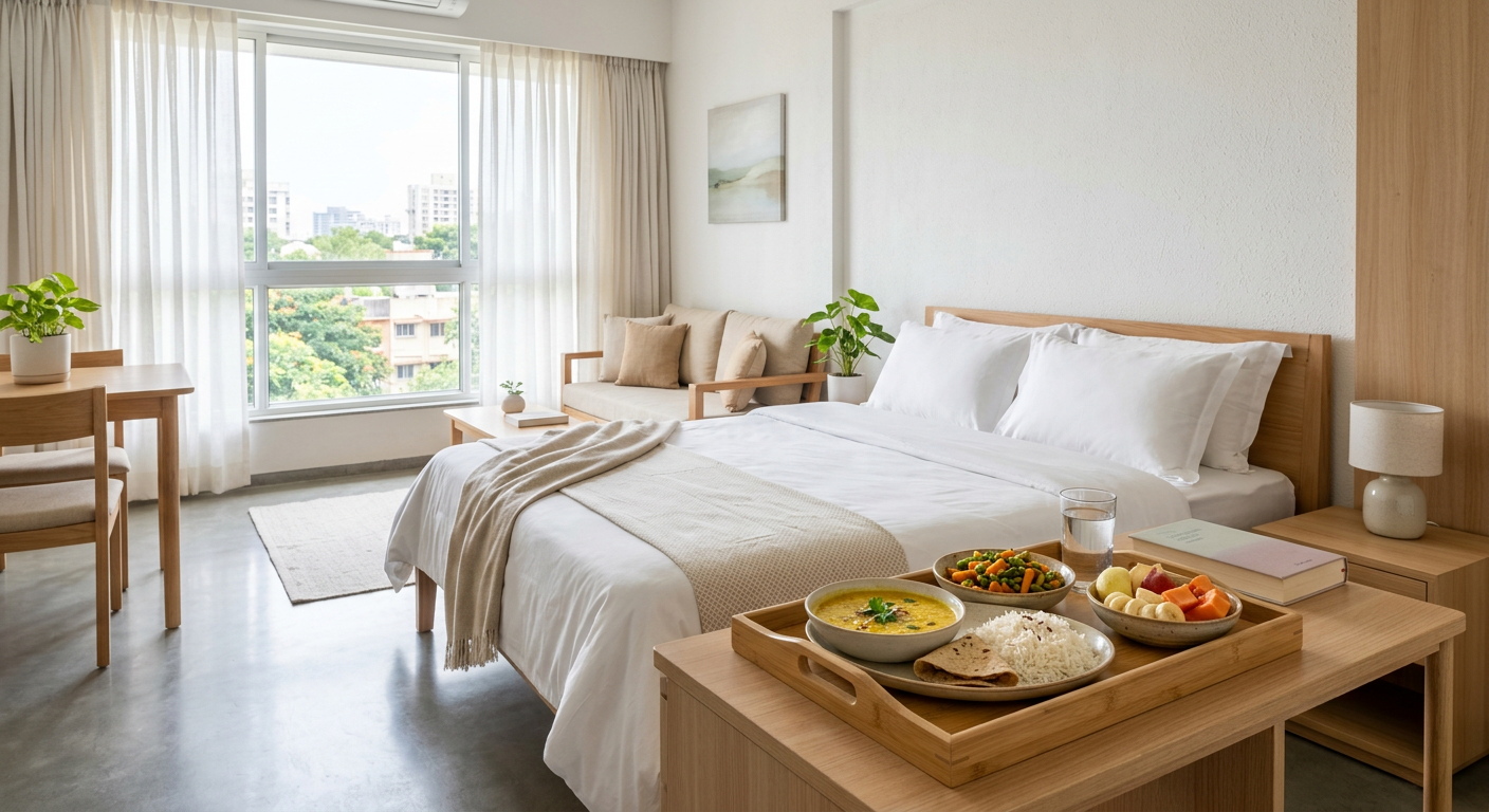 A bright, clean serviced apartment with a healthy home-cooked Indian meal