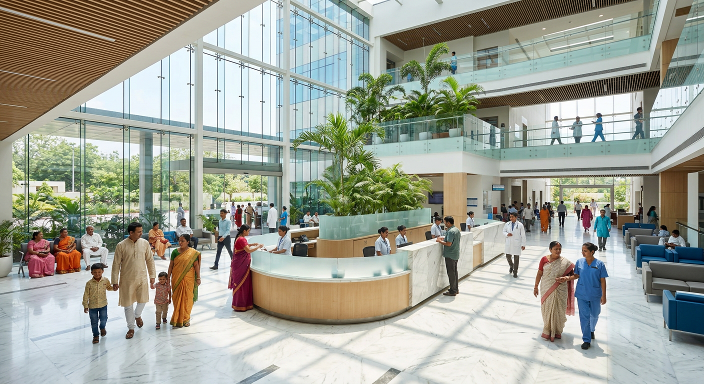 Bright double-height hospital lobby with reception desk