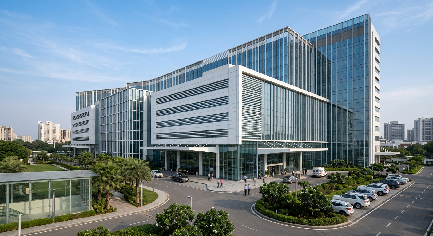 Modern glass-fronted hospital building with landscaped driveway