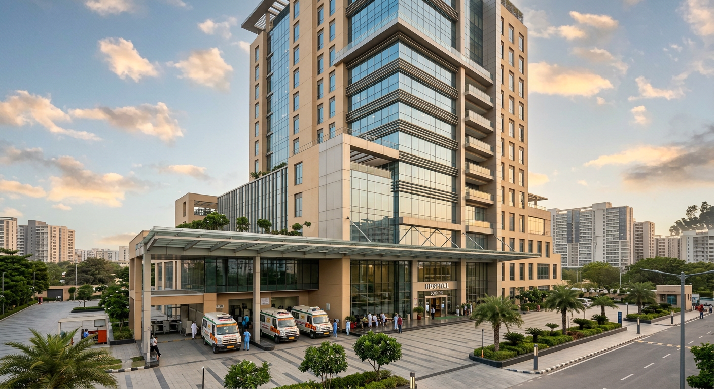 Contemporary hospital tower with entrance canopy