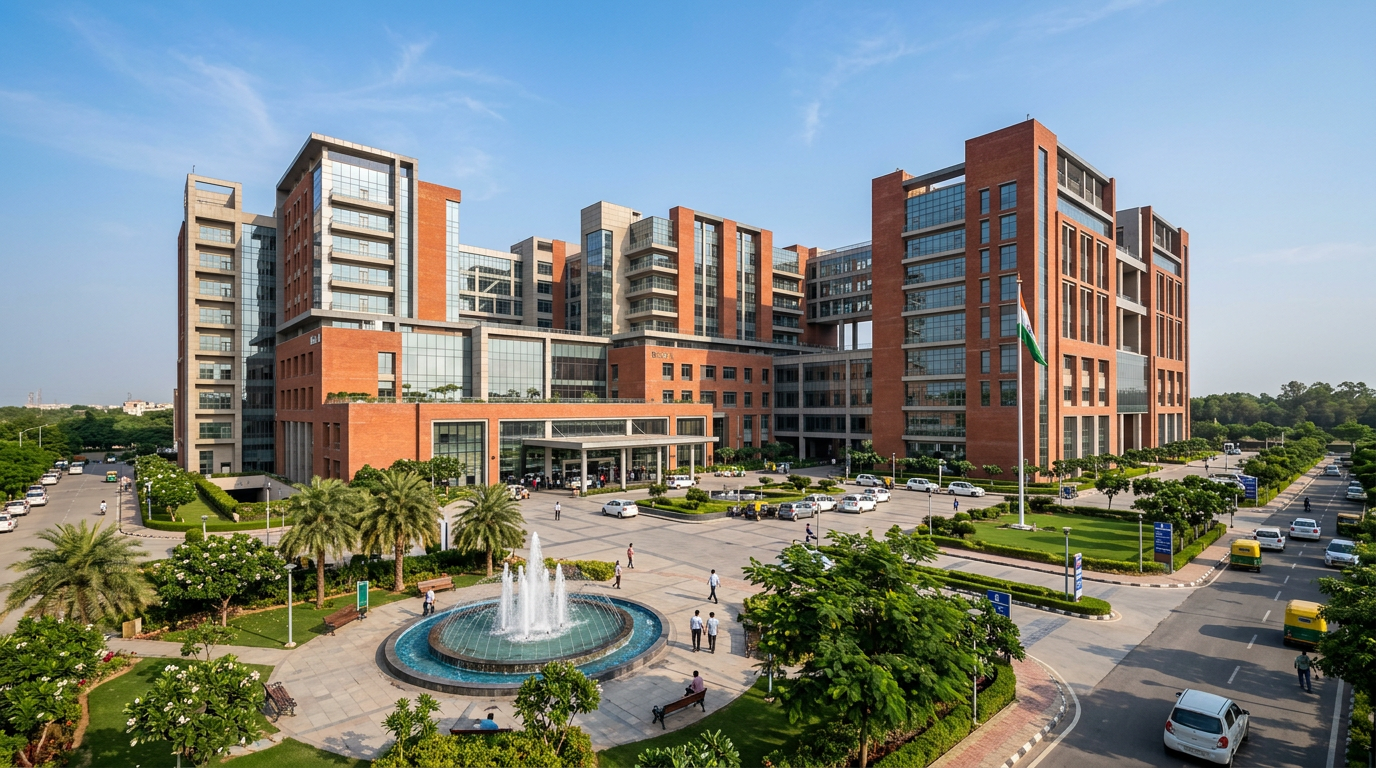 Large multi-tower hospital campus with gardens at the entrance