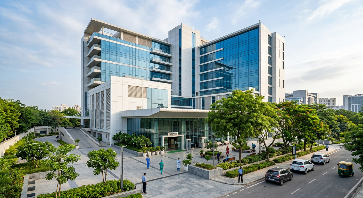 Modern blue-glass hospital building with trees in front