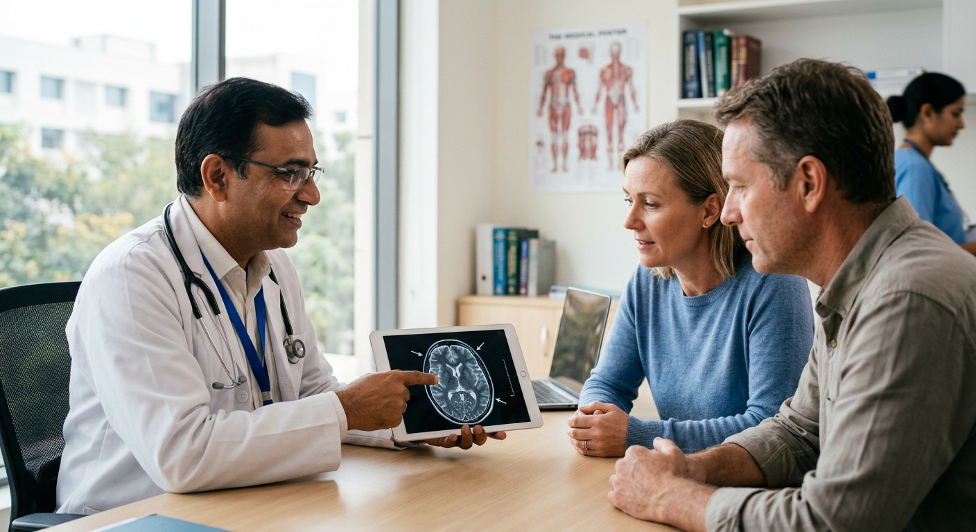Indian doctor explaining a scan on a tablet to an international patient and family member