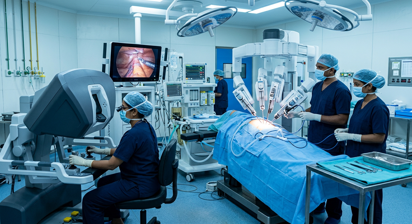 Surgical team performing robotic-assisted surgery in a modern operating theatre